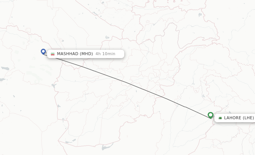 Flights from Lahore to Mashad route map