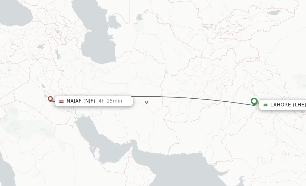 Flights from Lahore to Al-Najaf route map