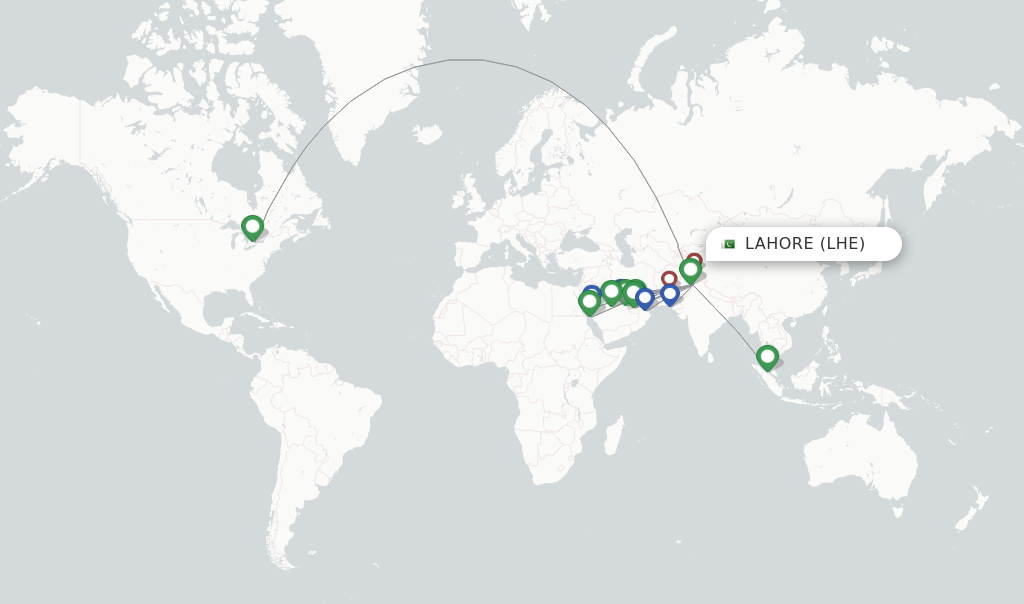 Route map with flights from Lahore with PIA