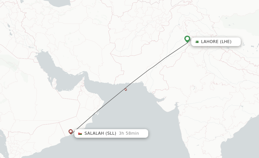 Flights from Lahore to Salalah route map