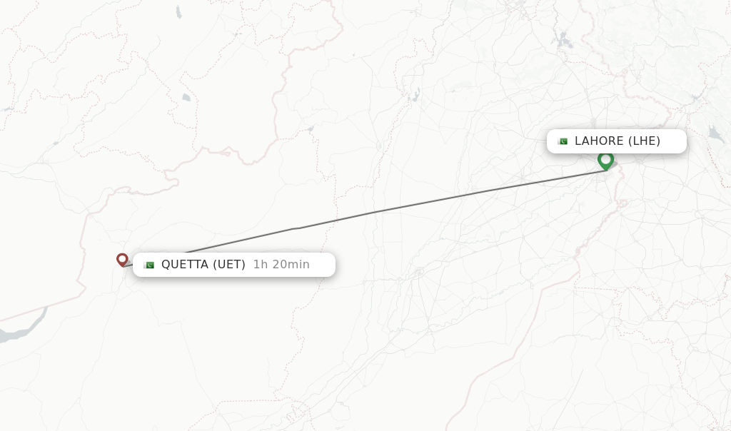 Flights from Lahore to Quetta route map