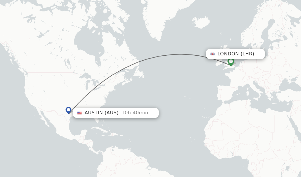 Flights from London to Austin route map