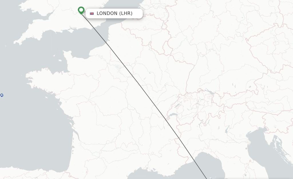 Flights from London to Bastia route map