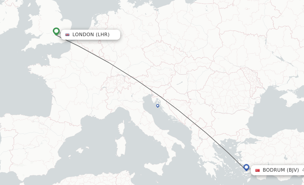 Flights from London to Bodrum route map