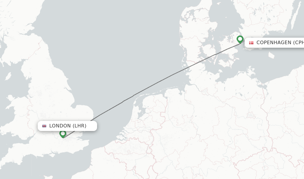 Flights from London to Copenhagen route map