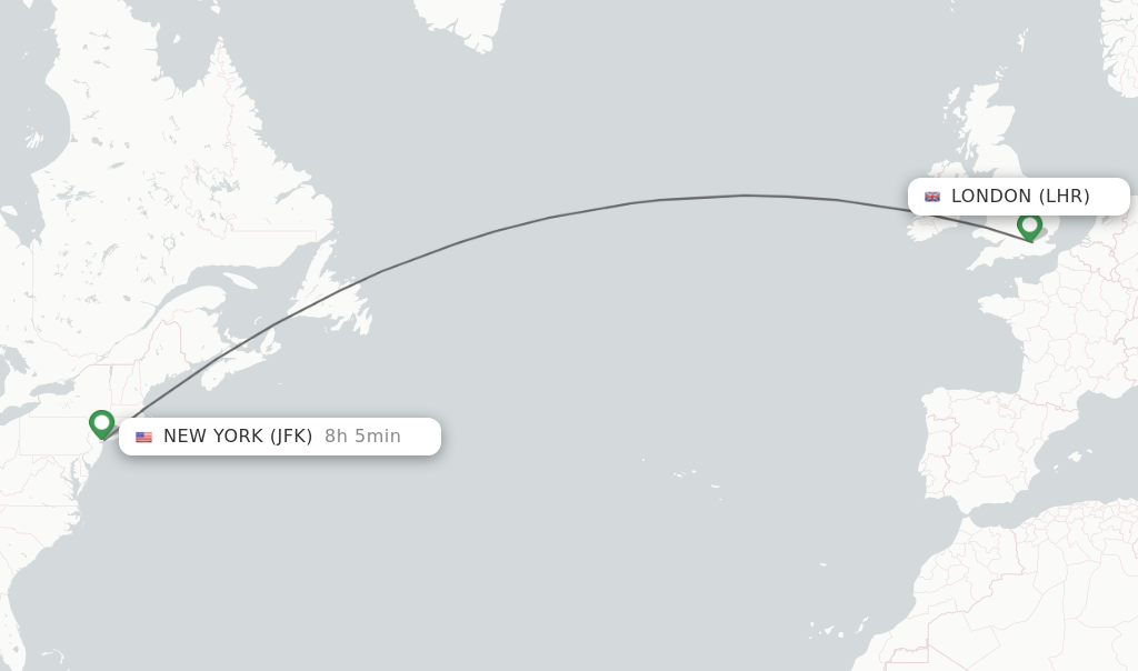 Flights from London to New York route map