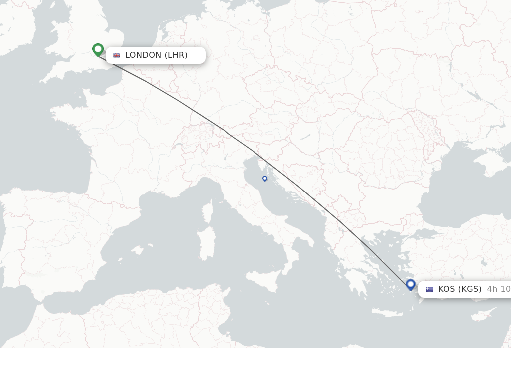 Flights from London to Kos route map