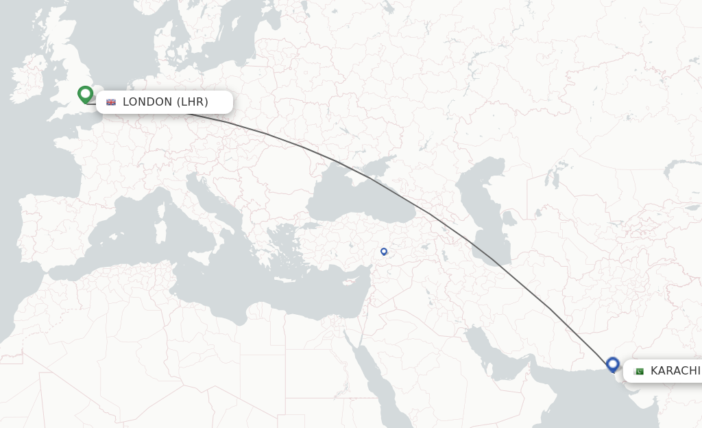 Flights from London to Karachi route map