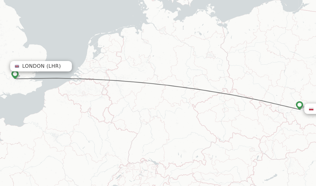 Flights from London to Krakow route map