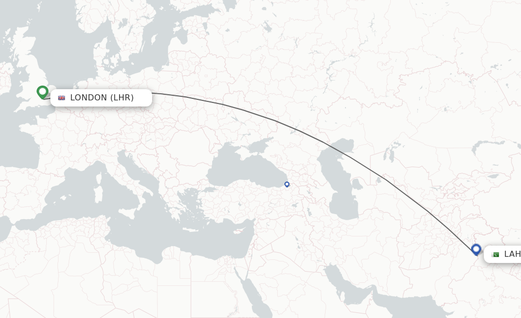 Flights from London to Lahore route map