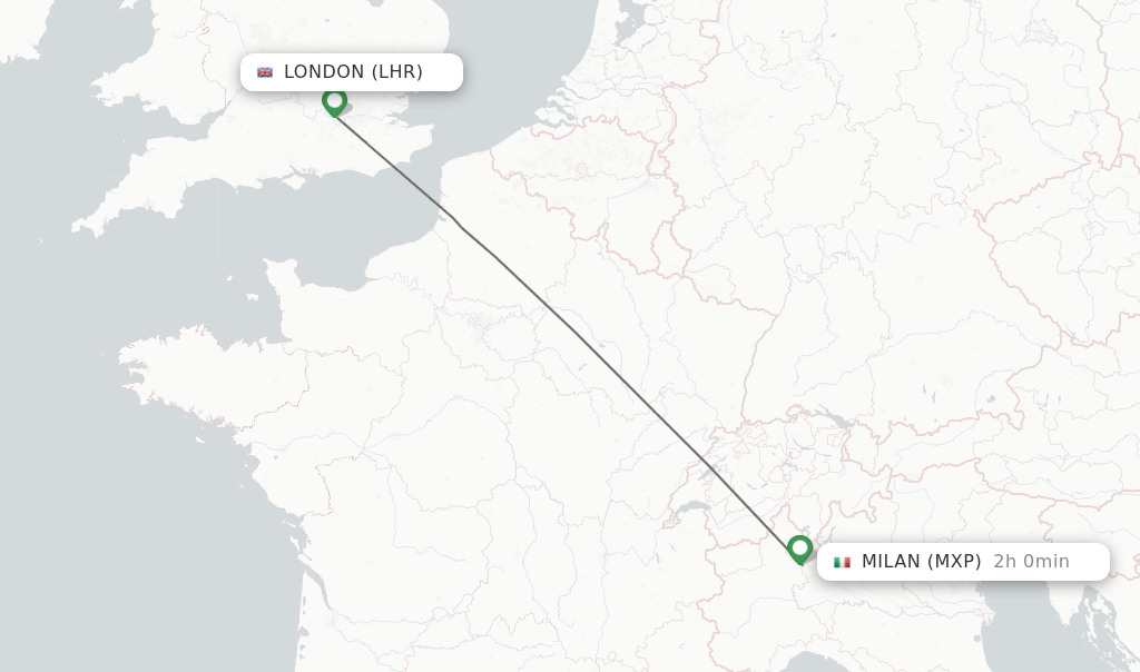 Flights from London to Milan route map