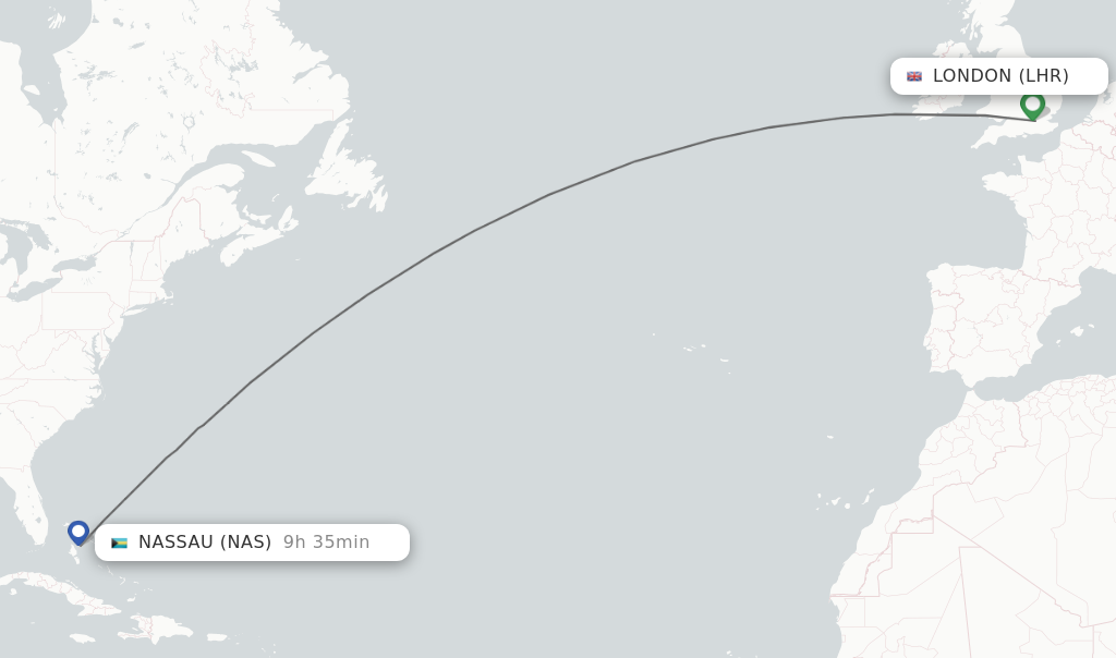 Flights from London to Nassau route map