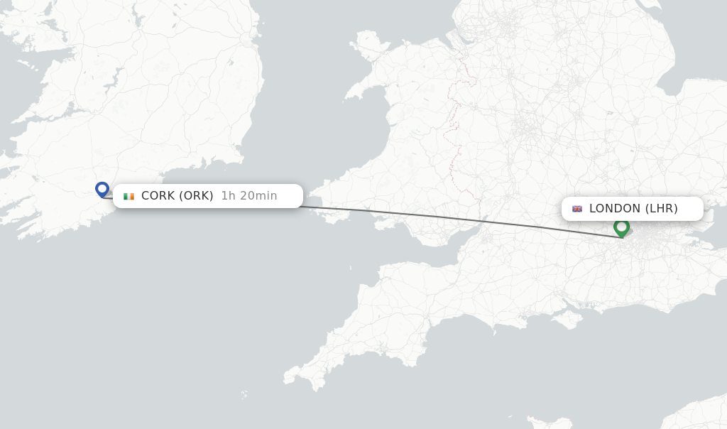 Flights from London to Cork route map