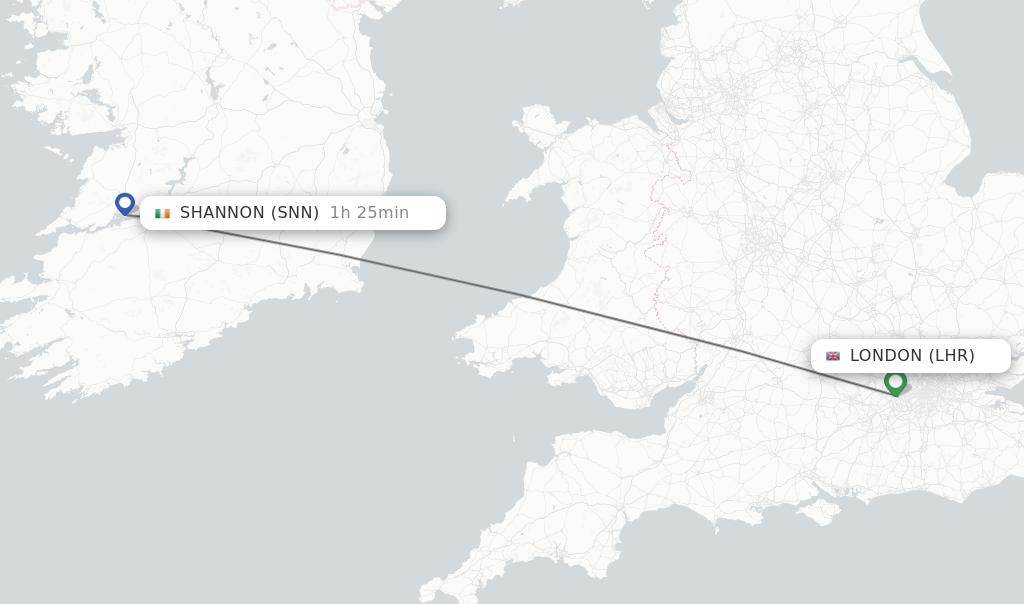 Flights from London to Shannon route map