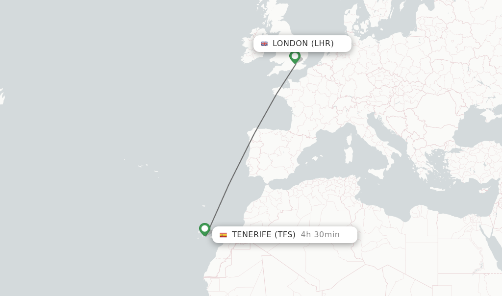 Flights from London to Tenerife route map