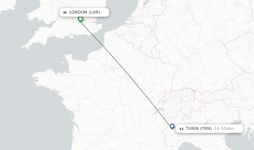 Flights from London to Turin route map
