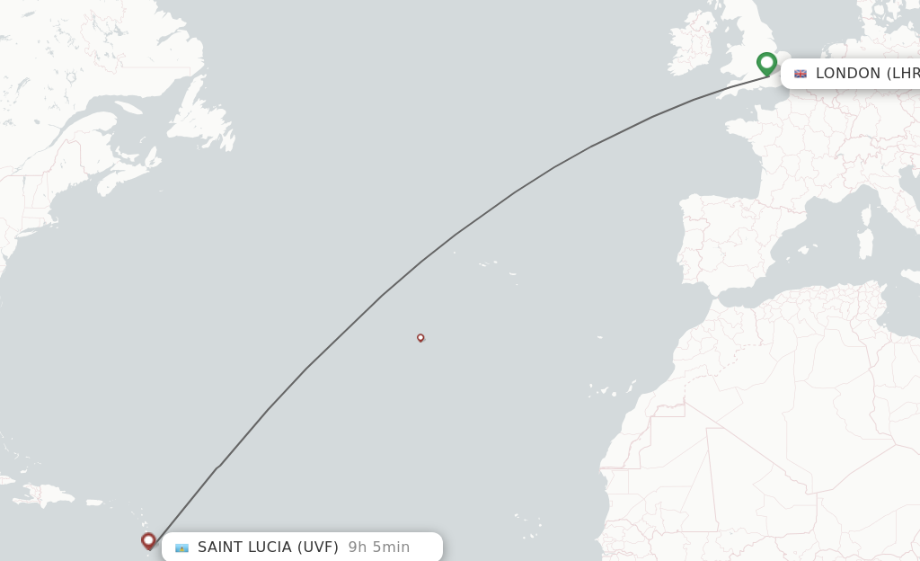 Flights from London to Saint Lucia route map