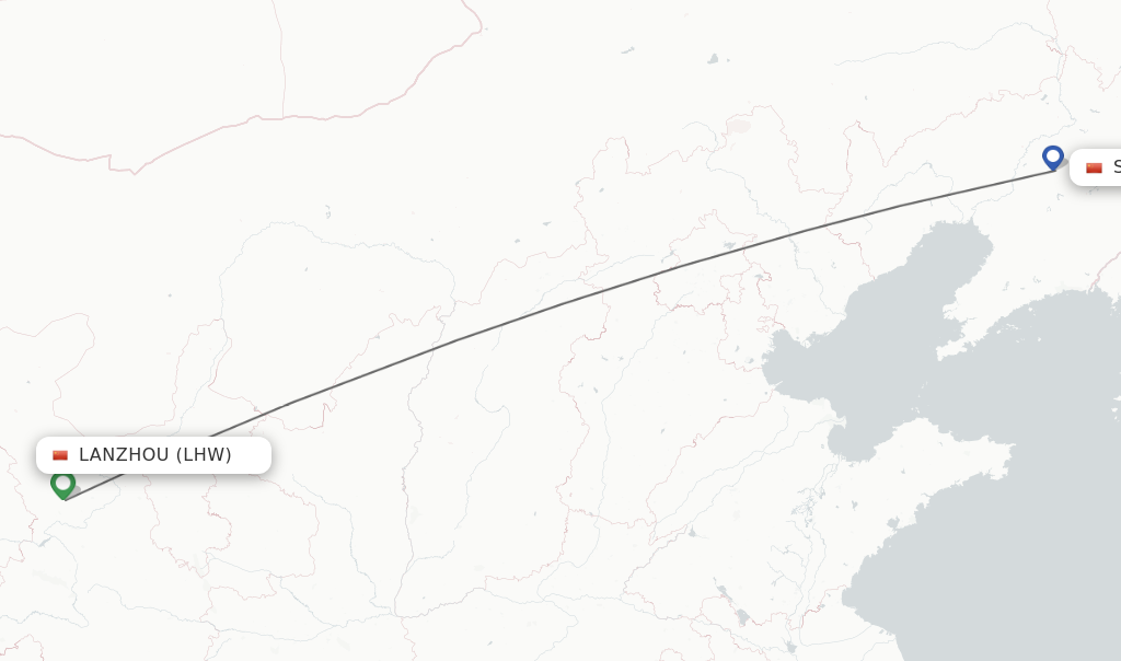 Flights from Lanzhou to Shenyang route map