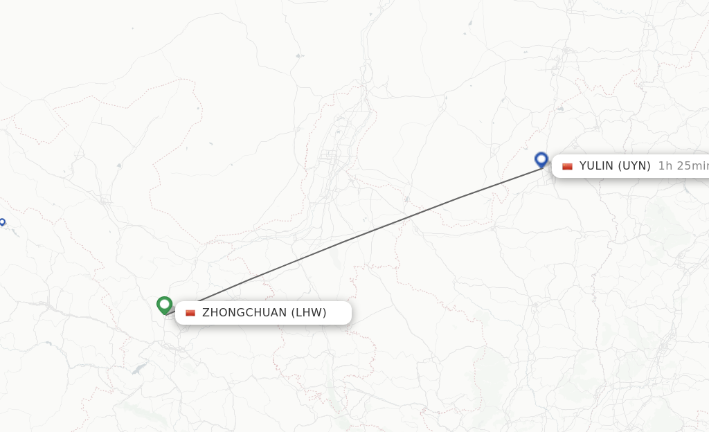 Flights from Lanzhou to Yulin route map