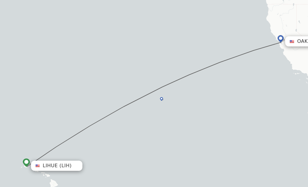 Flights from Kauai Island to Oakland route map