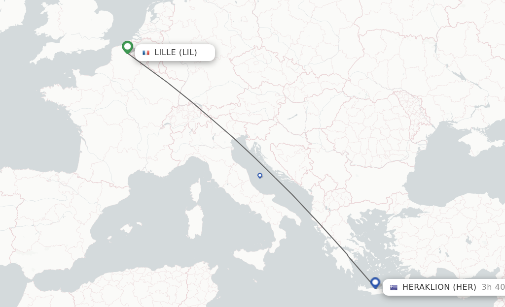 Flights from Lille to Heraklion route map