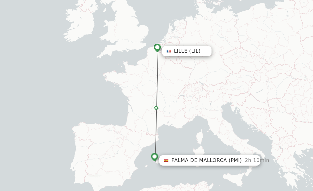Flights from Lille to Palma de Mallorca route map