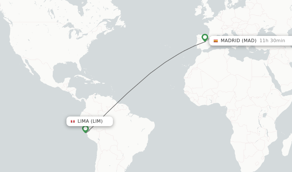 Flights from Lima to Madrid route map