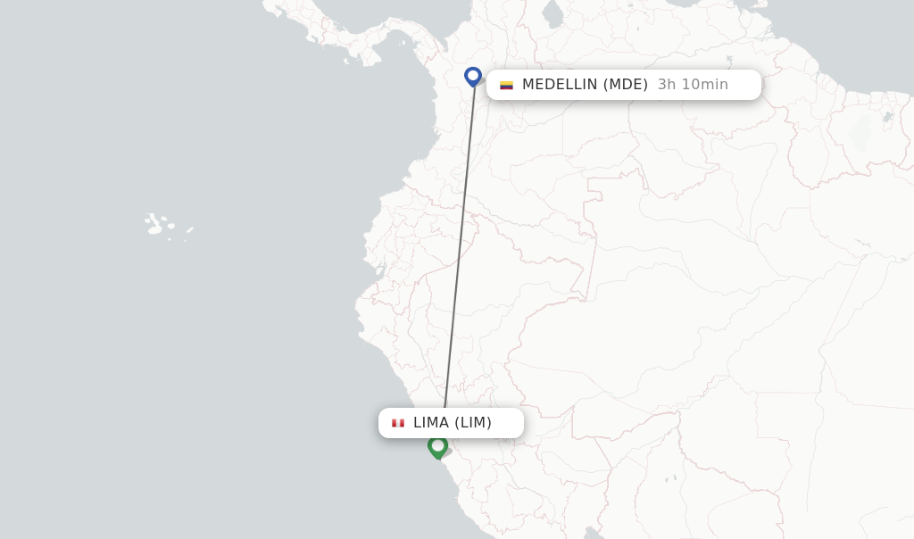 Flights from Lima to Medellin route map