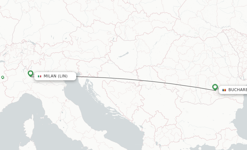 Flights from Milan to Bucharest route map