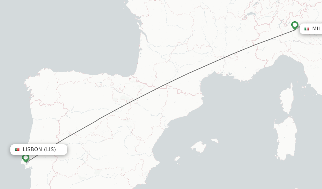 Flights from Lisbon to Milan route map