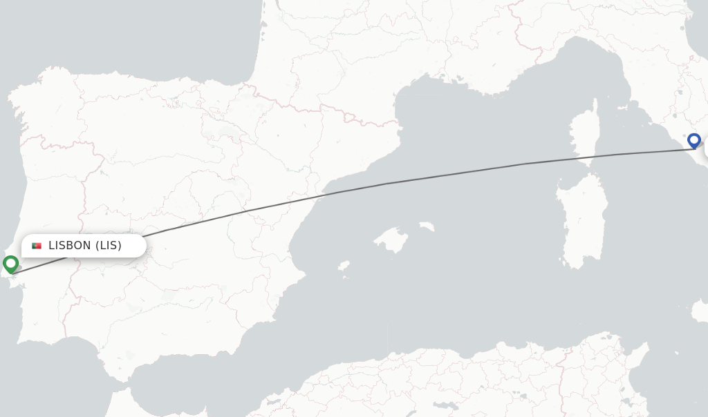 Flights from Lisbon to Rome route map