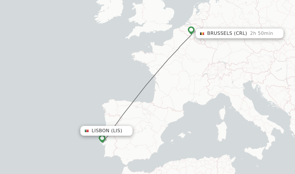 Flights from Lisbon to Brussels route map