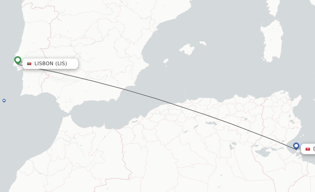 Flights from Lisbon to Djerba route map