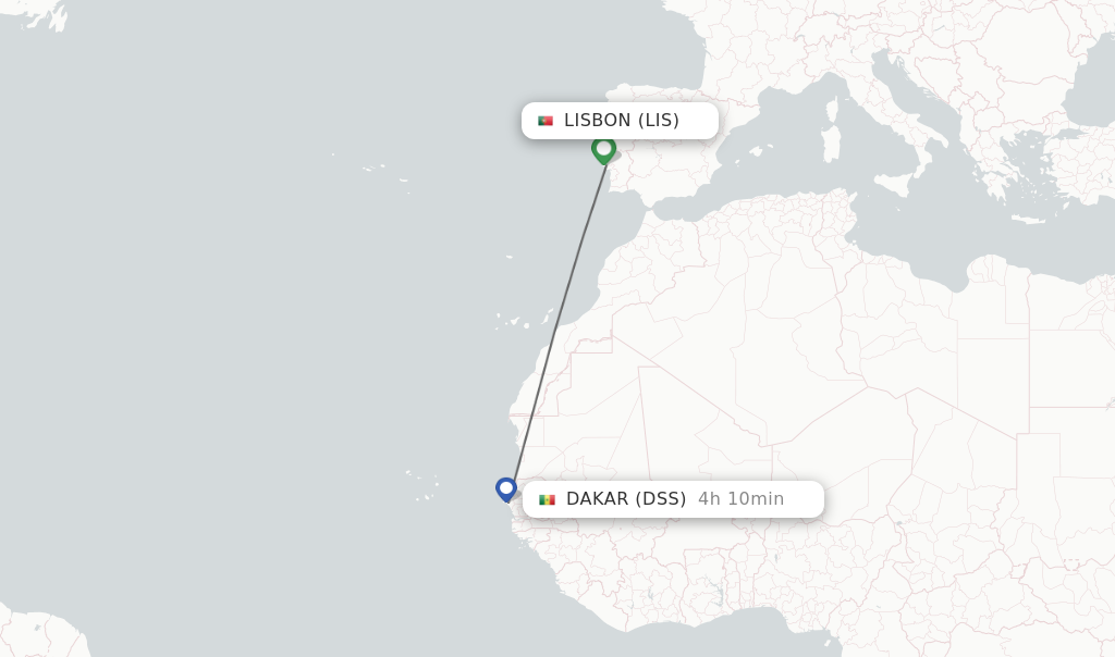 Flights from Lisbon to Dakar route map