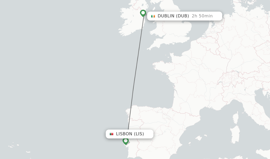 Flights from Lisbon to Dublin route map