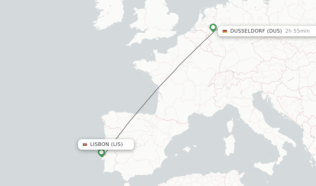 Flights from Lisbon to Dusseldorf route map