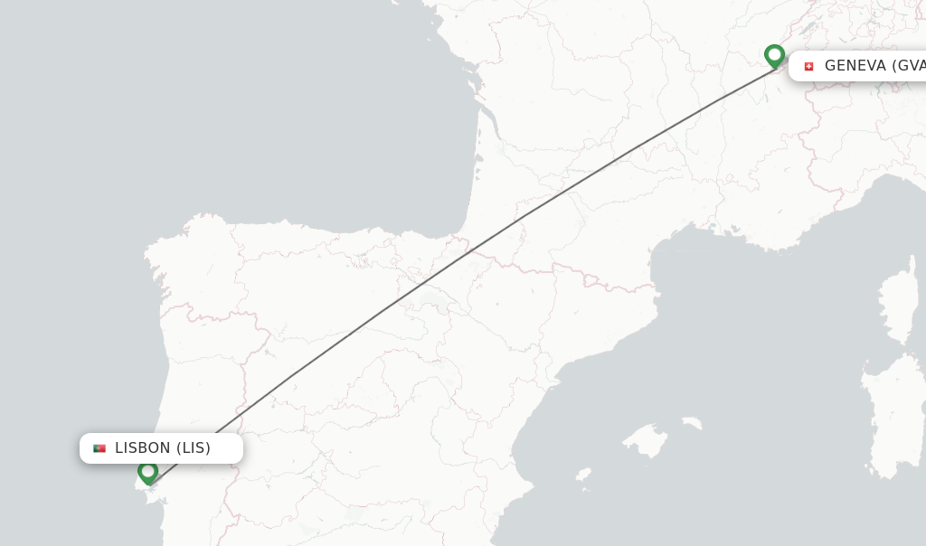 Flights from Lisbon to Geneva route map