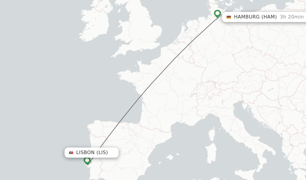 Flights from Lisbon to Hamburg route map