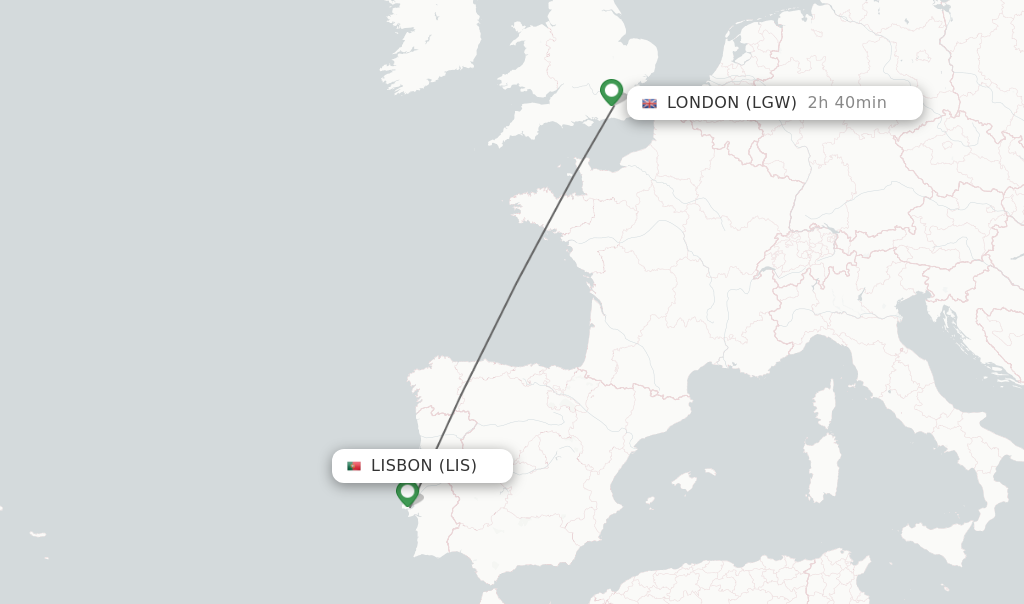 Flights from Lisbon to London route map