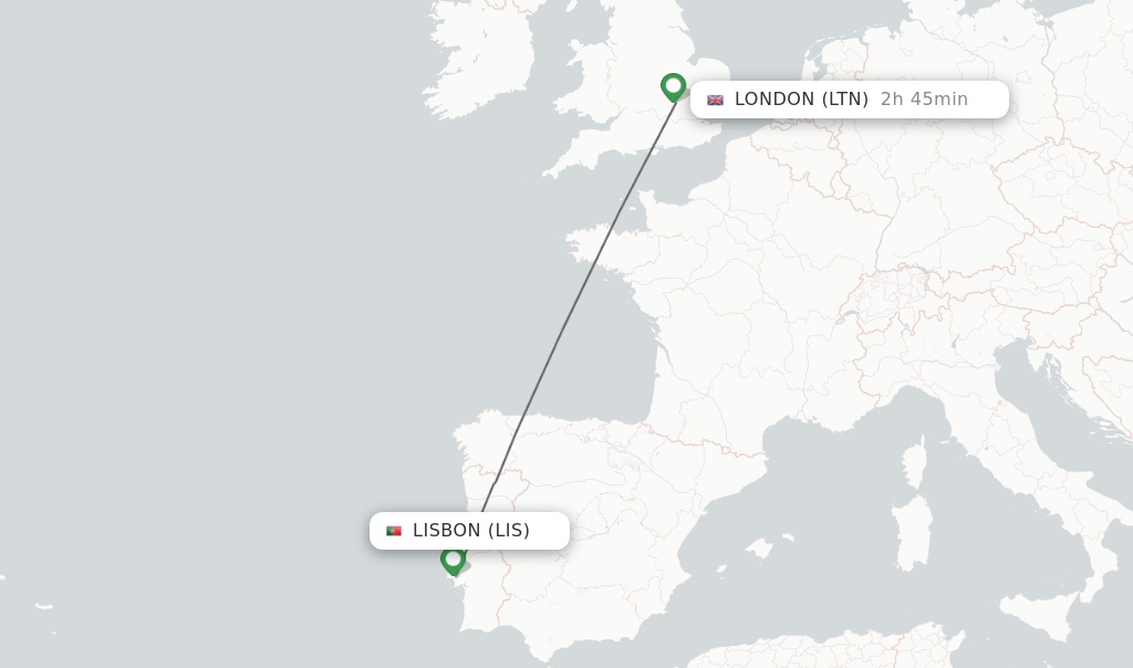 Flights from Lisbon to London route map