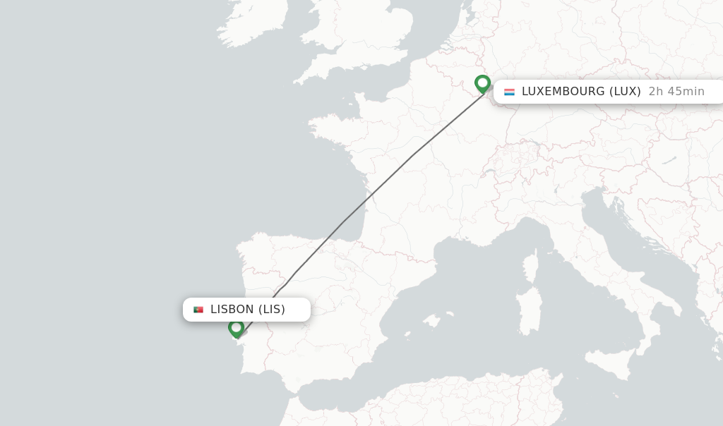 Flights from Lisbon to Luxembourg route map