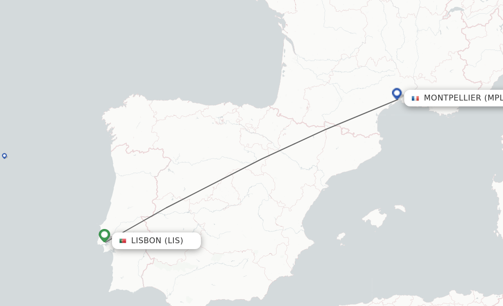 Flights from Lisbon to Montpellier route map