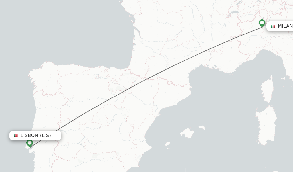 Flights from Lisbon to Milan route map
