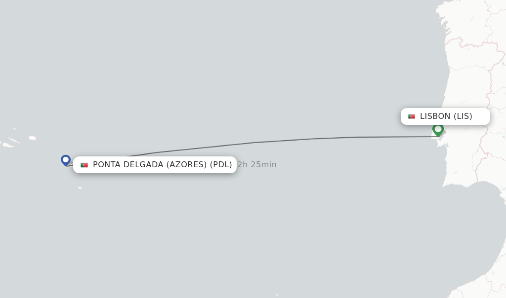Flights from Lisbon to Ponta Delgada (Azores) route map