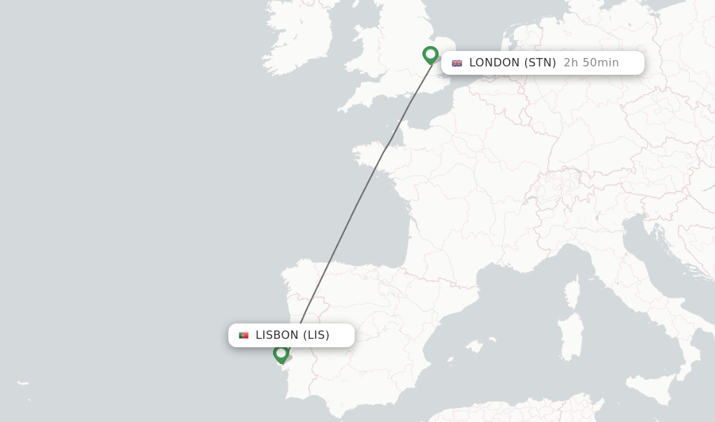 Flights from Lisbon to London route map