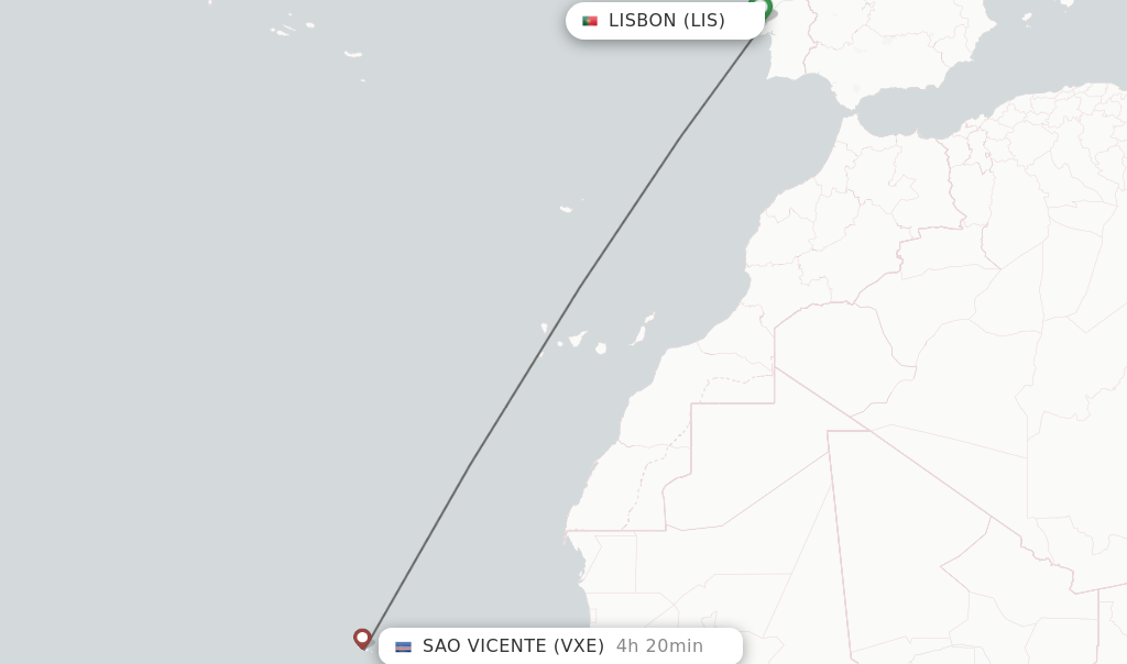Flights from Lisbon to Sao Vicente route map