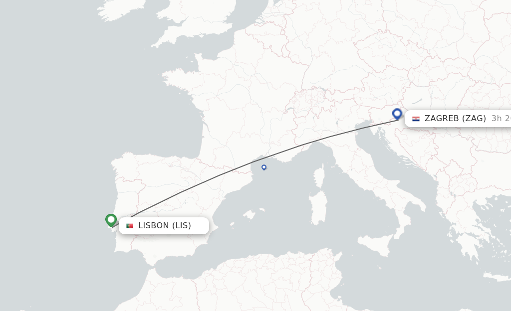 Flights from Lisbon to Zagreb route map