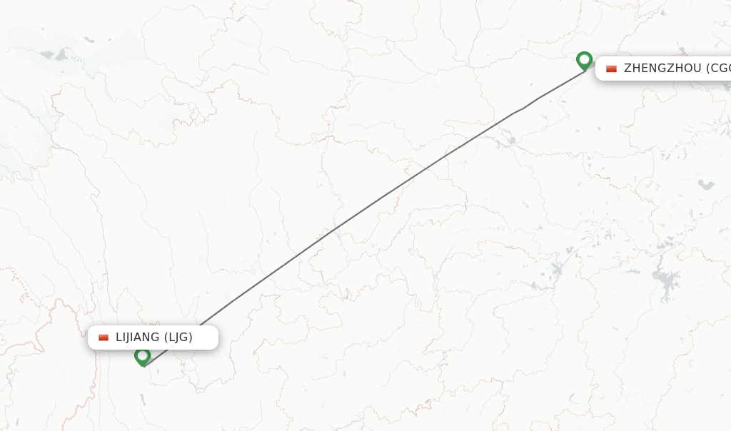 Flights from Lijiang to Zhengzhou route map