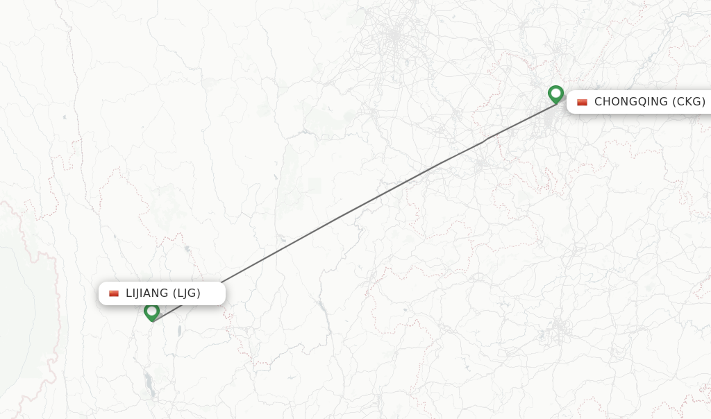 Flights from Lijiang to Chongqing route map