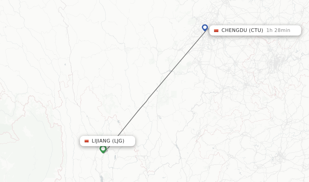Flights from Lijiang to Chengdu route map